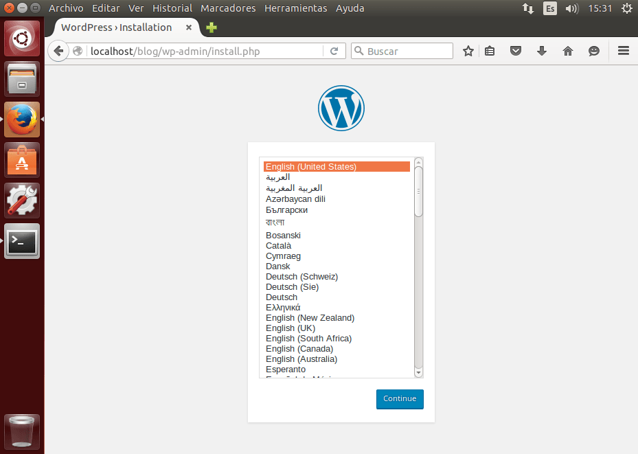 wordpress first install browser